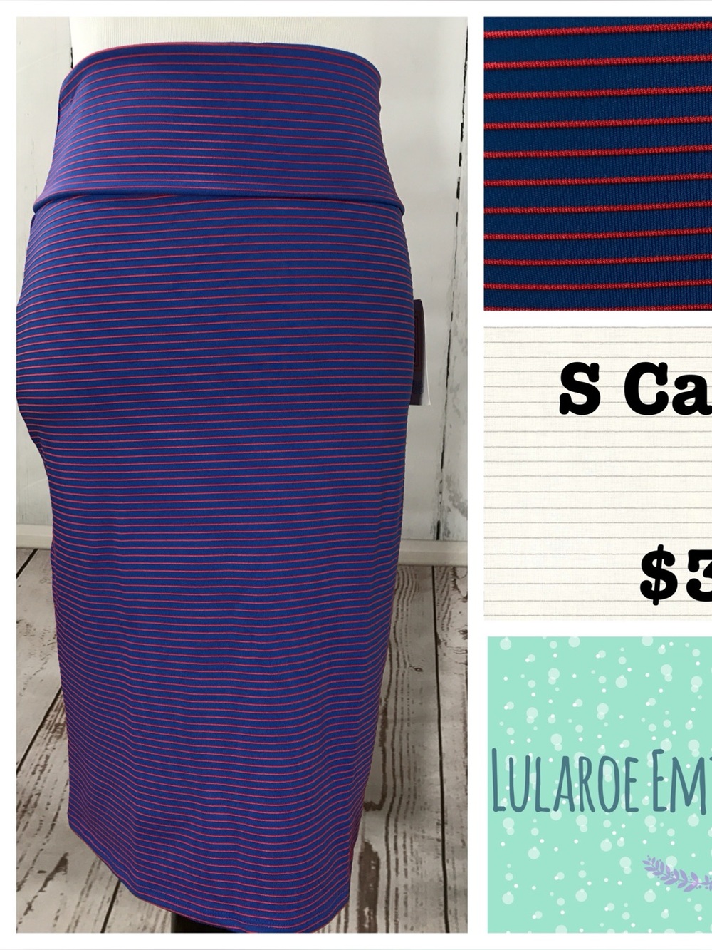 LuLaRoe Cassie Pencil Skirt in Blue with Red Stripes